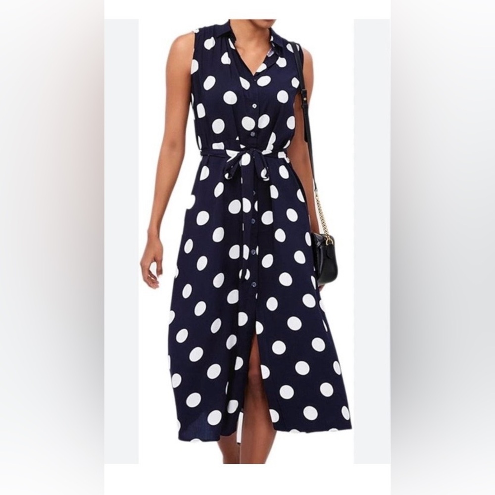 Talbots Blue and White Polka Dot Button Down Sleeveless Midi Dress
